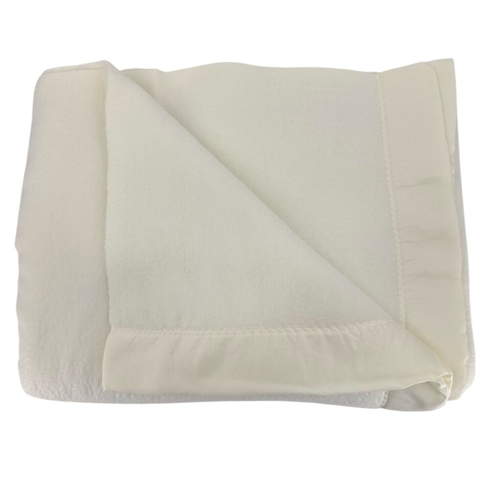Vtg Cream White Satin Trim Blanket Twin Throw 70" x 88"